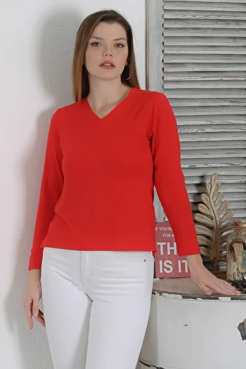 Chiccy Red V-Neck Long Sleeve Slit Casual Knitted Blouse