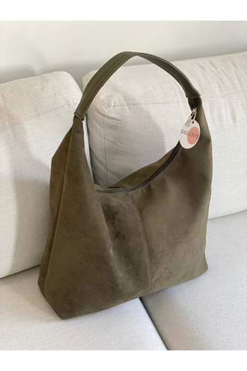 BAGLOVİS New Season Large Salaş Khaki Suede Shoulder Bag