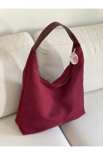BAGLOVİS New Season Large Salaş Claret Red Suede Shoulder Bag
