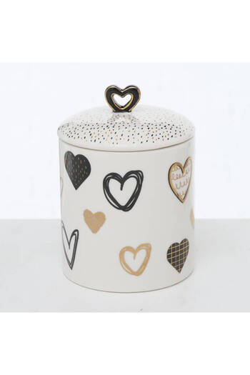 Homelux Storage Container With Lid Hearts, 10x14.5 Cm, Ceramic, White/black/gold
