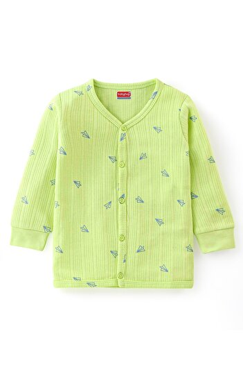 Babyhug Babyhug Thermal Full Sleeves Airplane Printed Vest & Pants Set - Lime Green