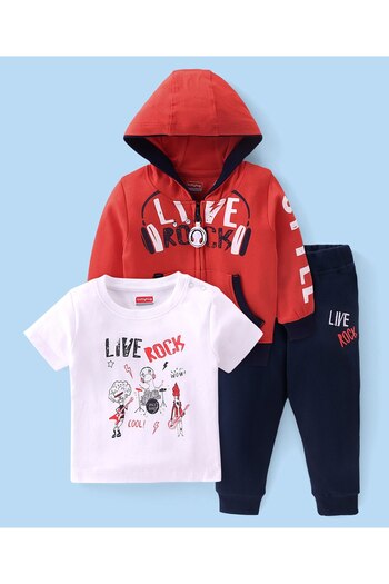 Babyhug Cotton Knit T-Shirt & Lounge Pant Set with Full Sleeves Hoodie Text Print - Coral & Blue