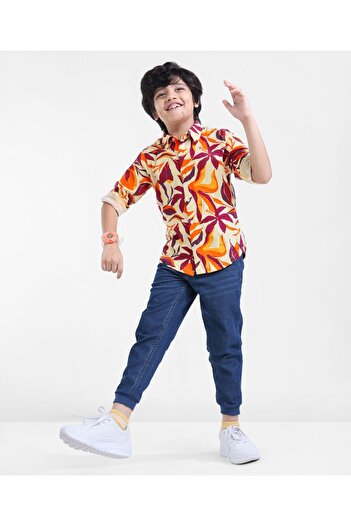 Ollington St. Ollington St. 100% Cotton Full Sleeve Shirt Strechable Denim Joggers Tropical Print-Beige & Indigo