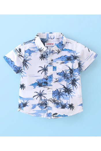 Babyhug Babyhug 100% Cotton Woven Half Sleeves Shirt & Shorts With Tropical Print - White & Blue