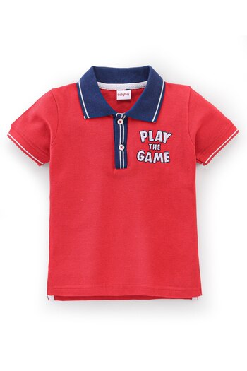 Babyhug Babyhug Cotton Half Sleeves T-Shirt & Denim Shorts Set Text Print- Red & Blue