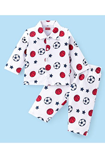 Babyhug Babyhug Cotton Knit Full Sleeves Footballs Print Night Suit - White