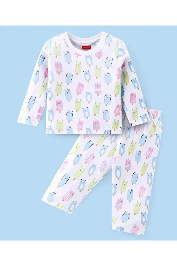 Babyhug Babyhug Cotton Knit Interlock Full Sleeves Night Suit With Ice Cream Print - White