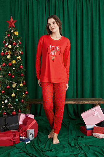 ELİTOL Red Love Joy New Year Patterned Luxury Thermal Women's Pajamas Suit