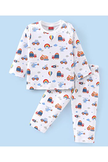 Babyhug Babyhug Cotton Knit Full Sleeves Night Suit/Co/ord Set With Vehicle Print - White
