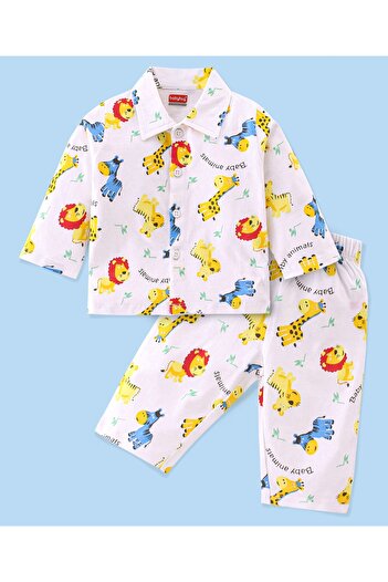 Babyhug Babyhug Cotton  Knit Single Jersey Full Sleeves Lion Giraffe & Zebra Print Night Suit- White