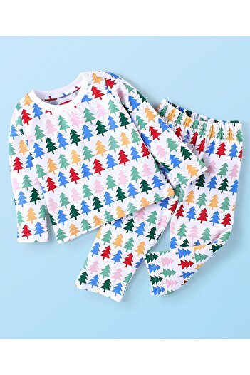 Babyhug Babyhug Cotton Knit Single Jersey Full Sleeves Night Suit With Pinetree Print - White