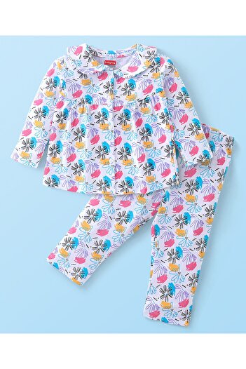 Babyhug Babyhug Cotton Knit Full Sleeves Night Suit With Floral Print - White