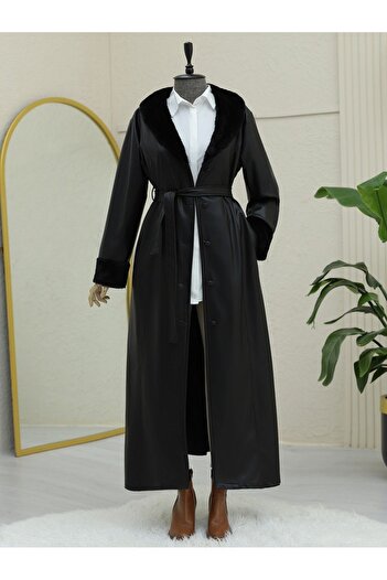 Modamorfo Plush Lace up Leather Top with Sleeves and Collar - Black