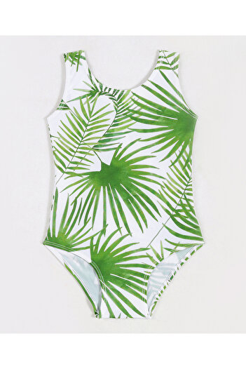 SAPS All Over Leaves Printed Quick Drying V Cut Swimsuit - White
