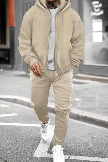 CAST COLLECTİON Men's Beige Relaxed Zippered Cardigan Set