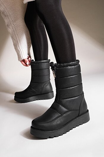 Marjin Women's Snow Boots Thick Serrated Fur Inside Sole Front Zipper Elastic Deviza black
