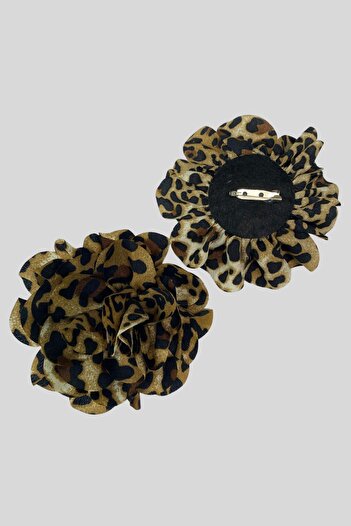 Seamoda Leopar Desen Şifon Kumaş Yaka  İğnesi Broş-KAHVE