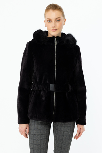 Ekol Black Plush Coat - Hood and Waist Belt