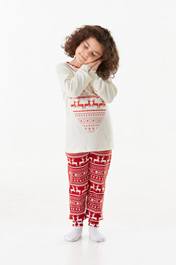 Fulla Moda Deer Printed Crew Neck Girl's Pajama Set