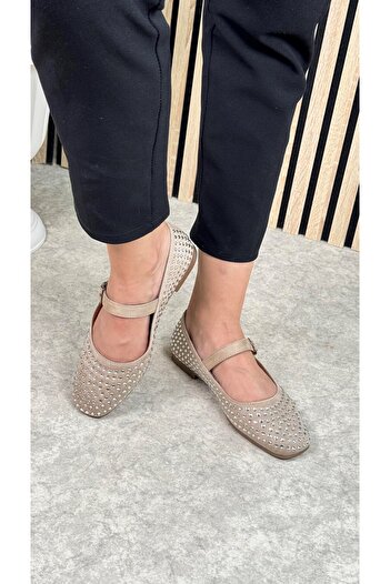 İmerShoes Casual Women's Beige Ballerinas Adjustable Buckle Banded Low Heel Blunt Toe Silver Rhinestone Shoes 287