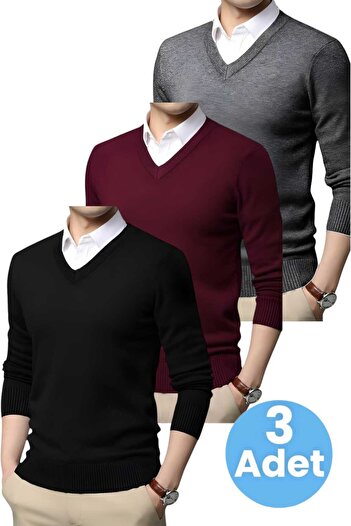 Mood Agenda 3-Piece Men's V-Neck Long Sleeve Knitwear Non-Pilling Sweater Men's Slim Fit Sweater