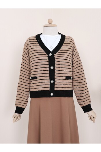 Modamorfo Buttoned Pocket Detailed Thin Striped Knitwear Cardigan - Tan