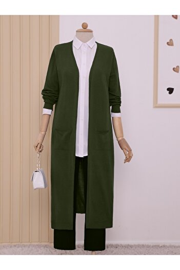 Modamorfo Khaki Long Hijab Cardigan with Pockets