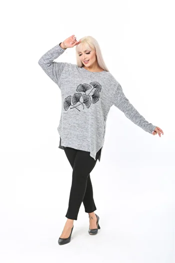 tıgersıze Plus Size Women's Soft Flock Printed Soft Fabric Sweater