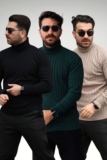 Know Men's Black Green Beige Turtleneck Winter Knitwear Sweater Set of 3