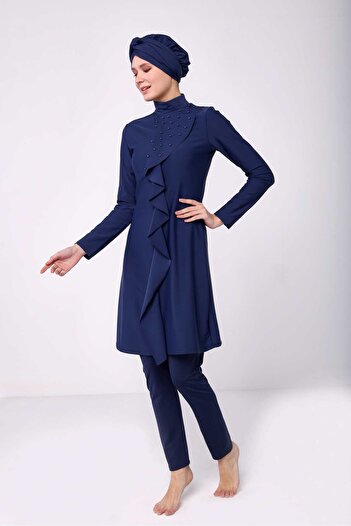 İYİBU 4-Piece Dark Navy Blue Hijab Swimsuit Set - Stylish and Elegant Design
