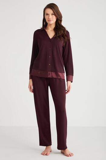 Penyemood Women's Long Sleeve Front Button Burgundy Pajamas Suit C8T0N7O9