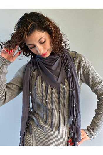Gönülden Tasarım Silver Color Beaded Smoked Combed Combed Tasseled Women's Scarf Shals 180X55 cm