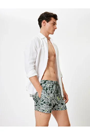 Koton Abstract Patterned Short Swim Shorts with Lace-Up Waist