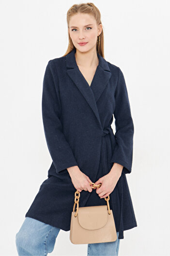 armonika Women's Navy Blue Side Tie Long Stamp Coat Arm-24K 001068