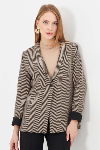 armonika Women's Mink Herringbone Pattern Sleeve Folded Single Button Stamp Jacket ARM-24K001066