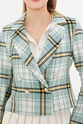 armonika Women's Green-Yellow Double Breasted Collar Tweed Crop Jacket ARM-24K001014