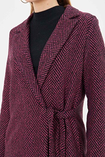armonika Women's Fuchsia Side Tie Fish Back Pattern Long Stamp Coat ARM-24K001010