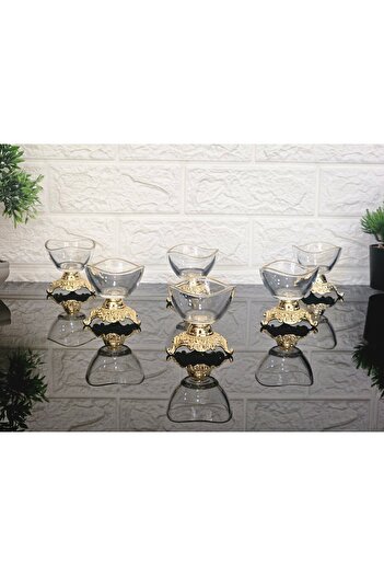 atabey home 6'lı Gold Detaylı Kahve Yanı Lav Lokumluk & Sosluk Döküm İnce Desen Ayaklı