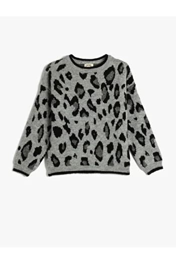 Koton Langärmliger Strickpullover mit Rundhalsausschnitt und Leopardenmuster