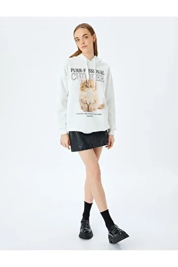 Koton Raster Hooded Cat Printed Long Sleeve Comfortable Fit Sweatshirt