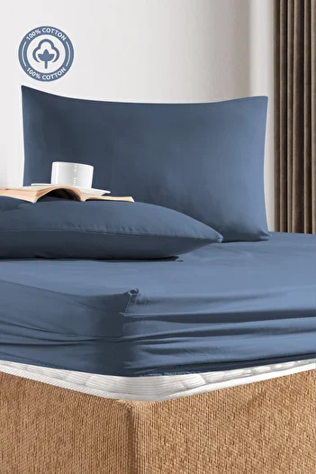 CEMETEKS FİRUZE 100% Cotton Natural Double Ranforce Fabric Fitted Sheet Pillowcases Set /160X200/180X200/