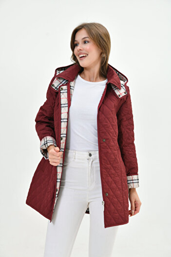 Butik Plus Size Hooded Plaid Patterned Seasonal Quilted Coat - Tight Fit