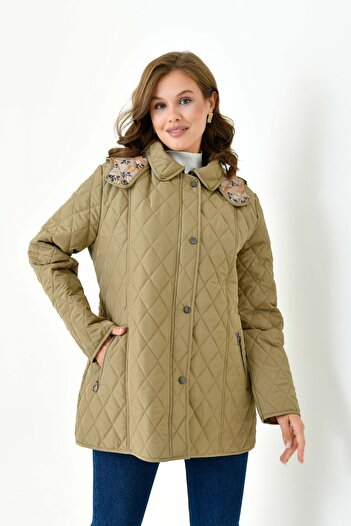 Butik Plus Size Hooded and Patterned Zippered Quilted Coat Jacket