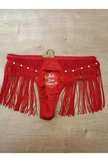 ENEFENDİ Red Rhinestone Tassel Fringed New Year's Christmas Panties- Thong Underwear Size 38 40