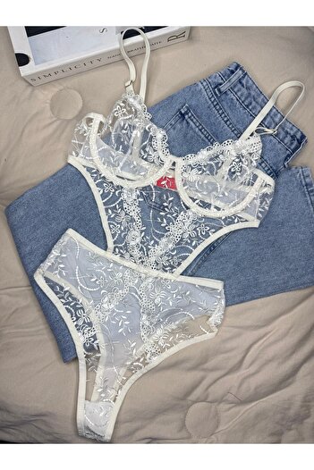 ROZENİN LINGERIE Ecru Floral Embroidered Underwire Capless Bodysuit