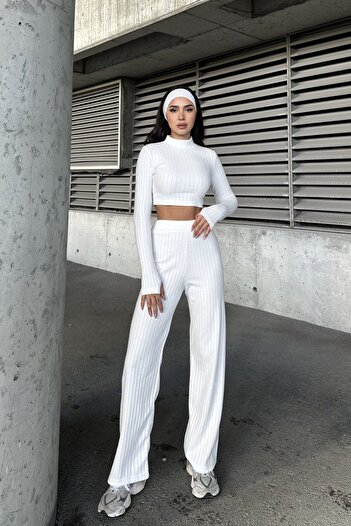 New Now Half Fishing Neck,Long Sleeve Crop with Flamps,High Waist Pants Suit