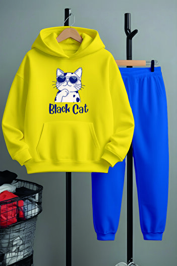MYADA Premium Glasses Black Cat Printed Bottom Top Tracksuit Set 23351