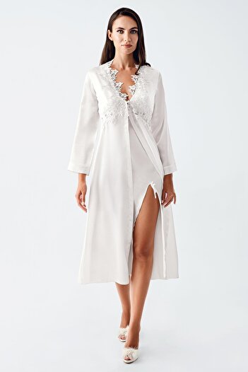 İmaj İmaj 4250 Ecru Color Satin 2-Piece Nightgown Dressing Gown Set
