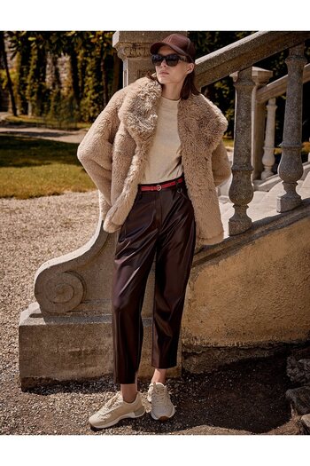 Kayra Beige Wide Collar Fur Coat