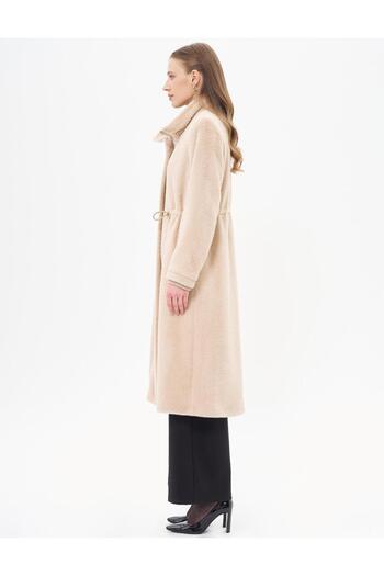 Kayra Cream Stand Collar and Waist Drawstring Coat